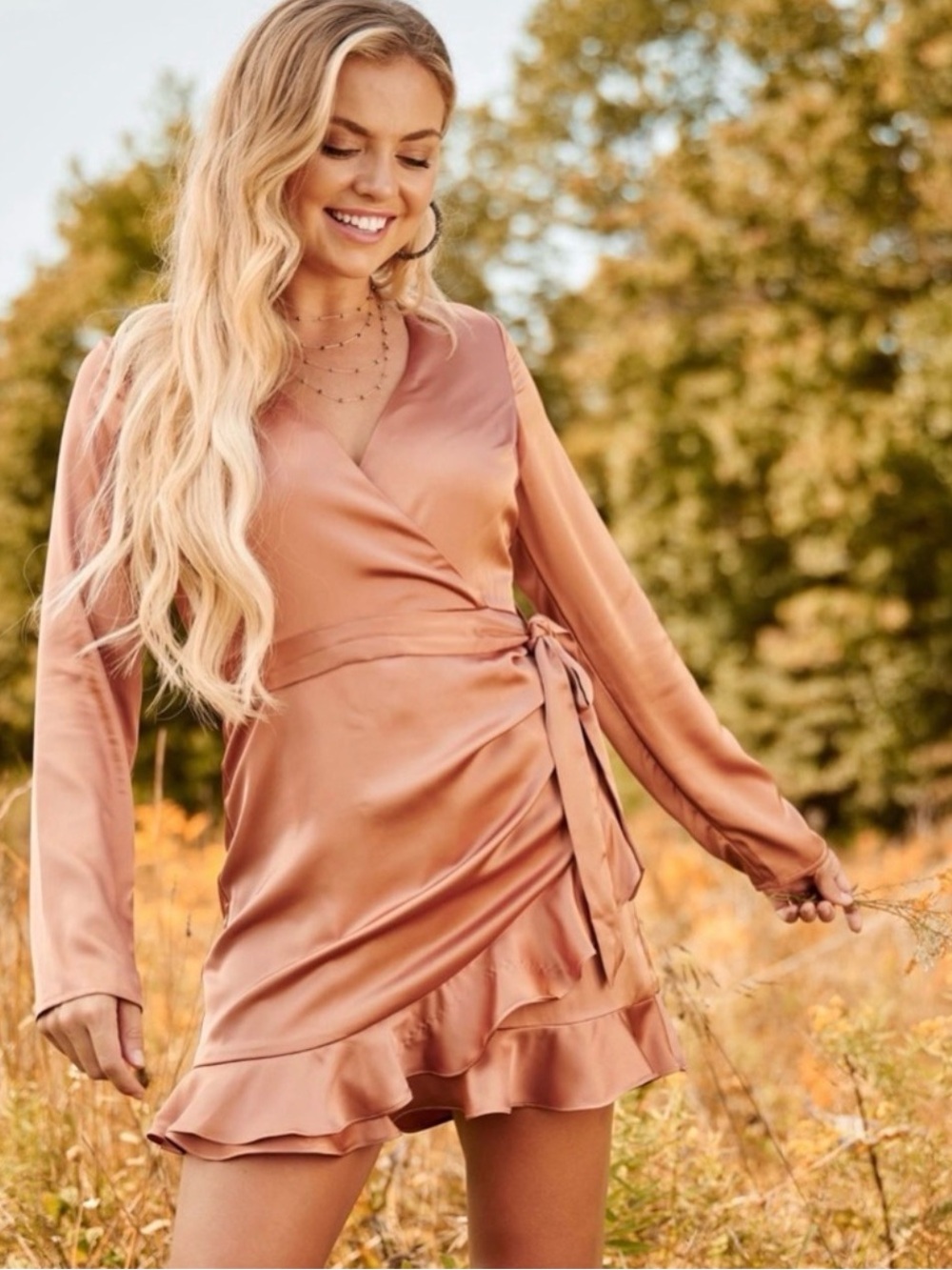 Altar'd State Dusty Rose Satin Wrap Ruffle Mini Dress Small Feminine Pink Formal